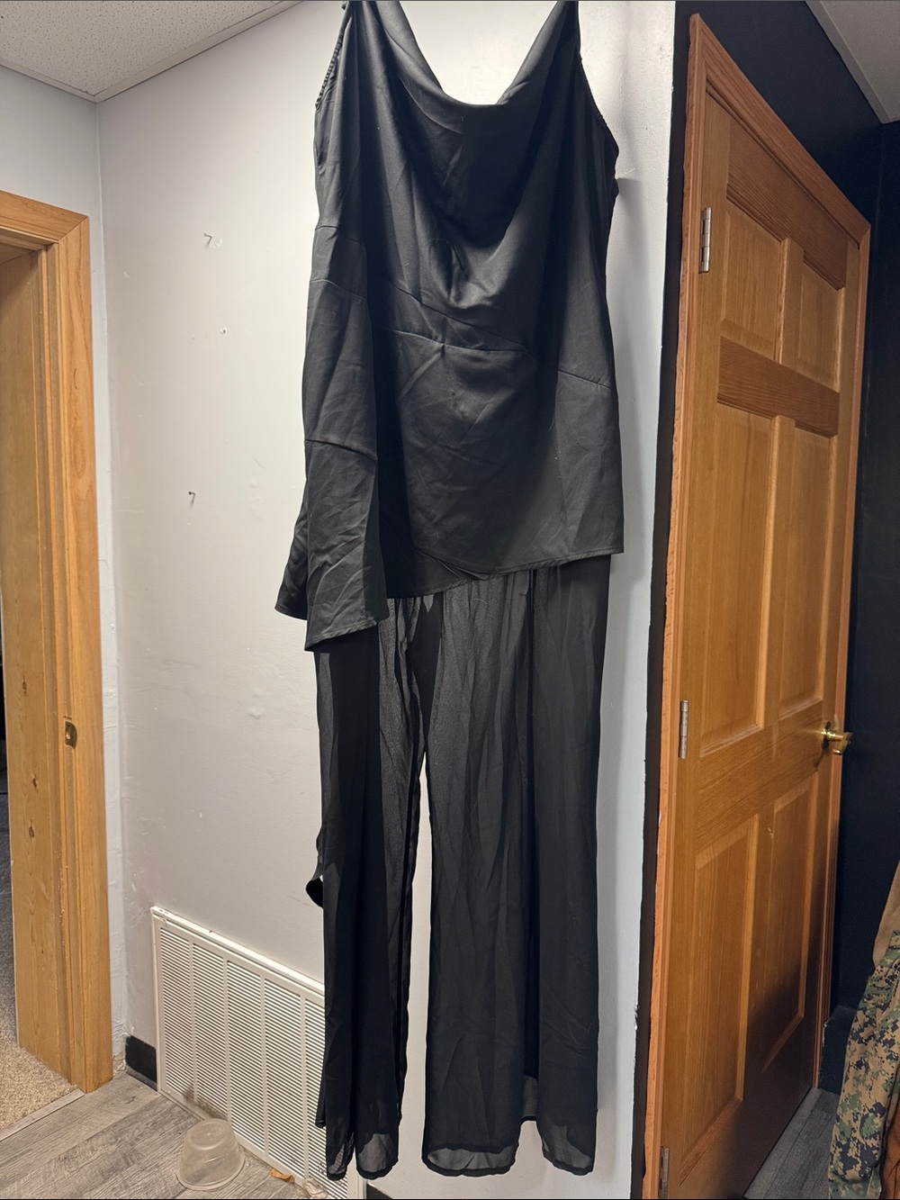 PrettyLittleThing Black Sheer Wide-Leg Jumpsuit with Draped Neck